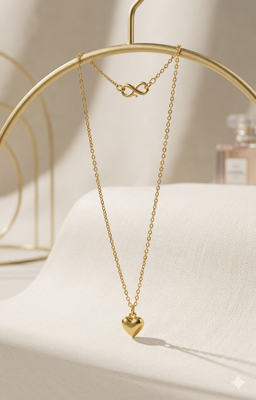 Gold necklace with a heart pendant on a white stand with a neutral background