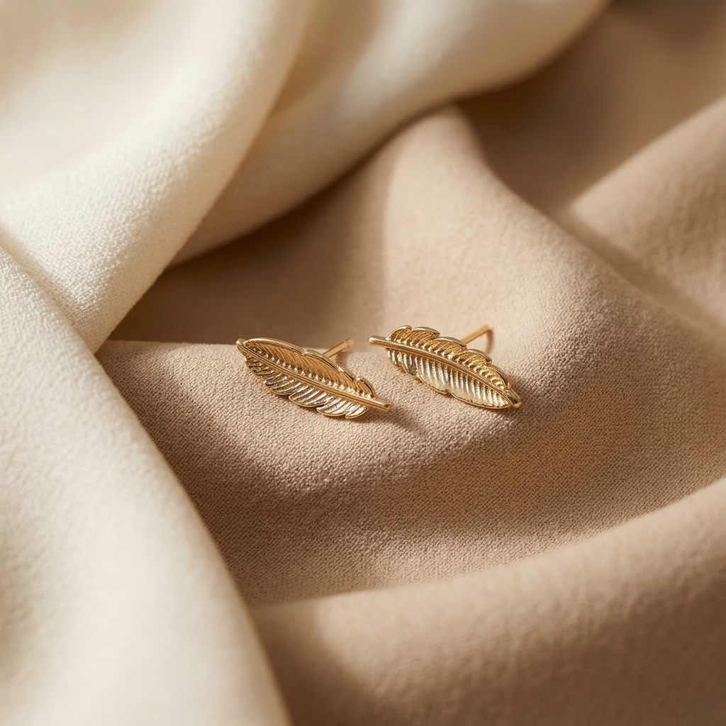 The Pluma Leaf Studs – Champagne Gold Finished Brass Earrings