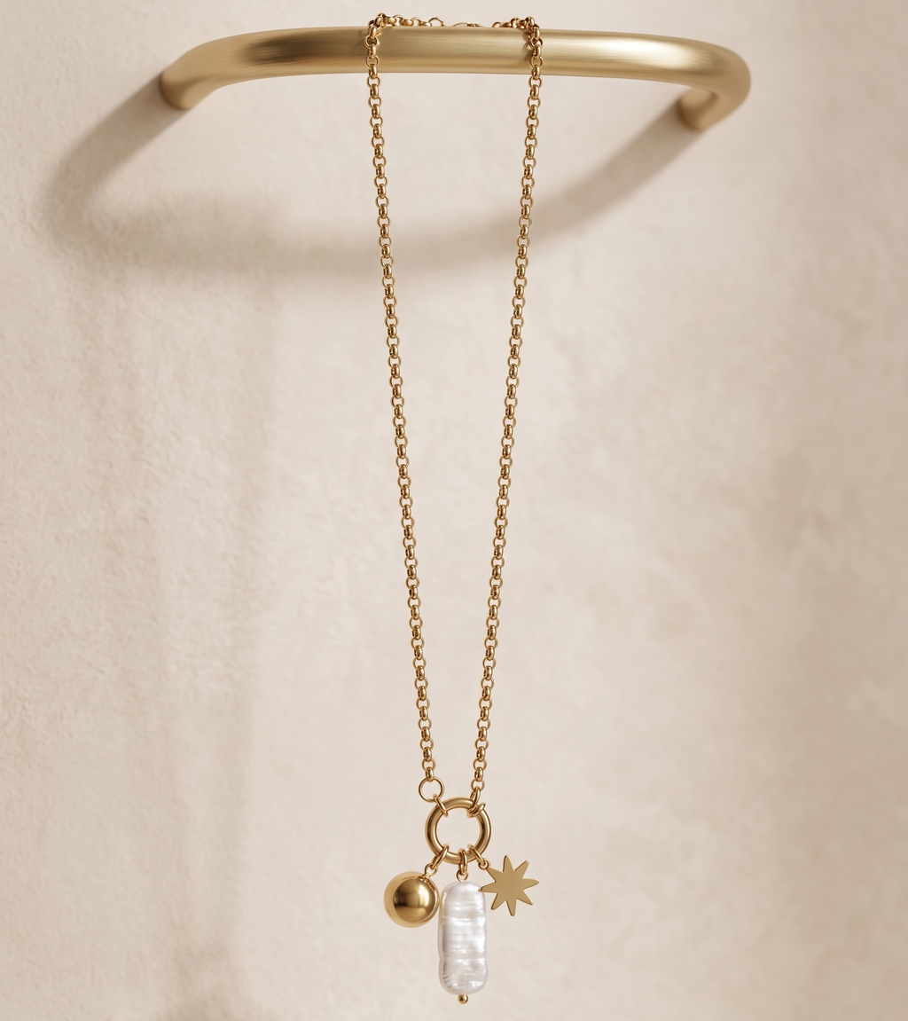 Celestial Anti-Tarnish Gold Necklace – Baroque Pearl, Star & Orb Charm Cluster