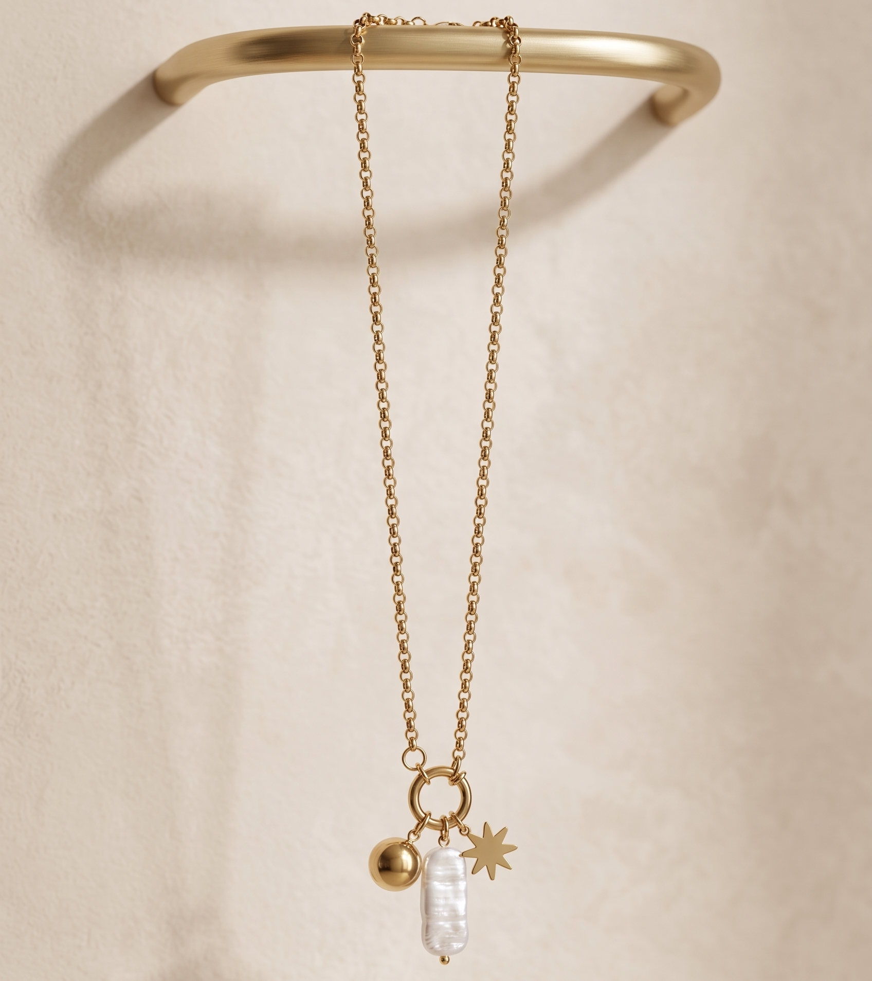 Celestial Anti-Tarnish Gold Necklace – Baroque Pearl, Star & Orb Charm Cluster