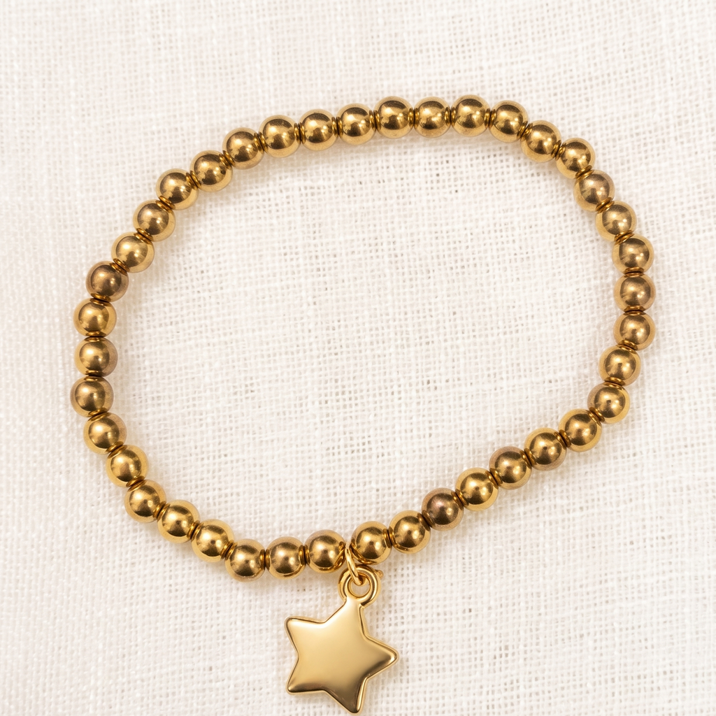 Celestial Star Gold Beaded Bracelet | Minimalist High-Shine Stretch Jewelry