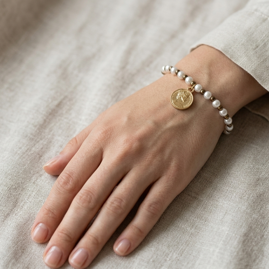 Vintage Empress Coin Pearl Bracelet | Elegant Stretch Beaded Bracelet for Women