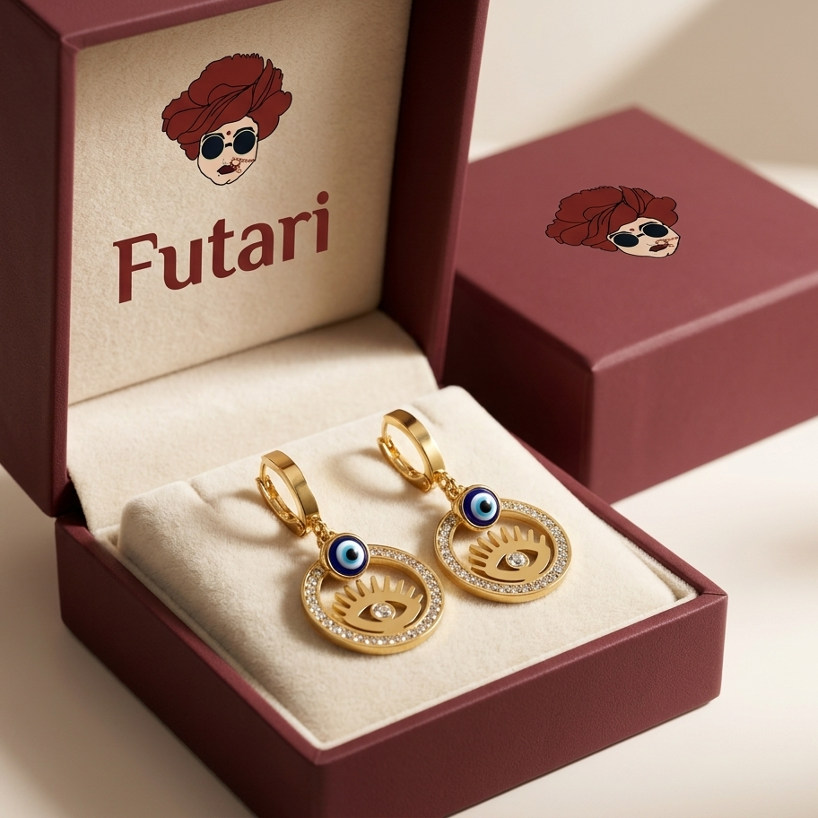 Gold earrings with blue stones in a 'Futari' branded box.
