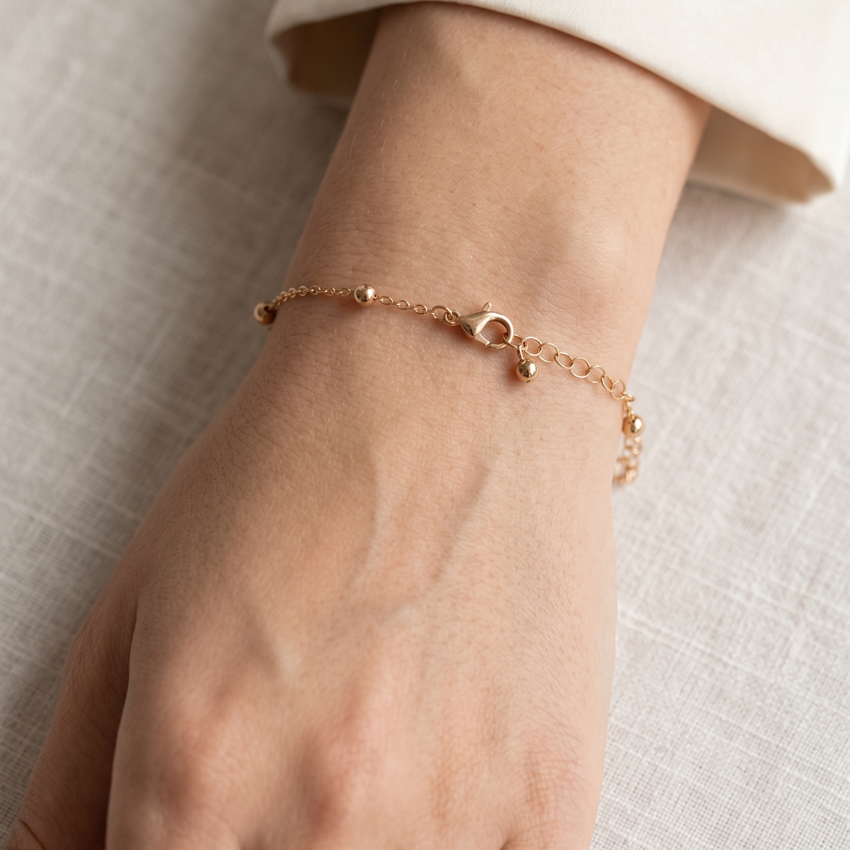Rose gold bracelet on a wrist with a neutral background