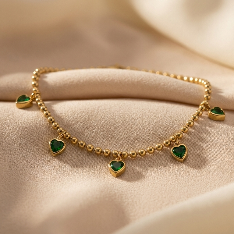 18K Gold Plated Stainless Steel with Green Heart Charms || Rakhi Gift for Sister