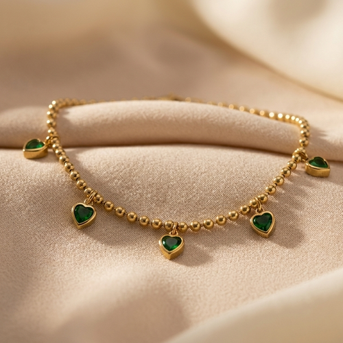 18K Gold Plated Stainless Steel with Green Heart Charms || Rakhi Gift for Sister