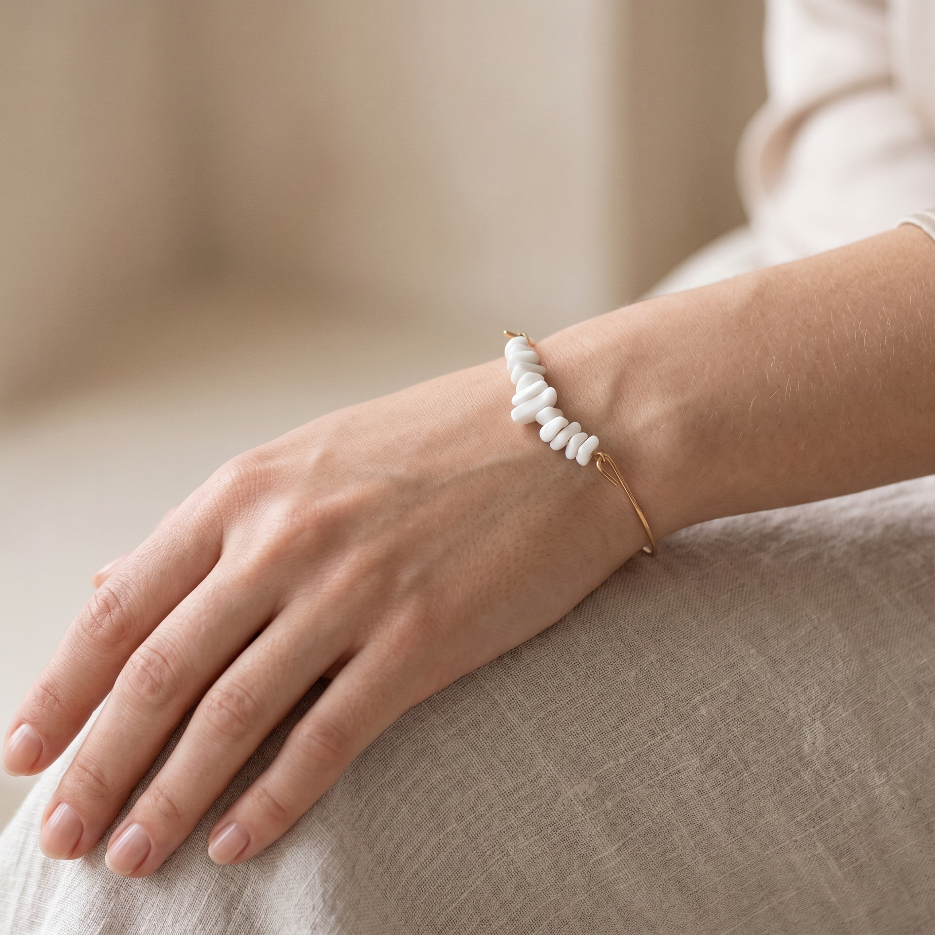 Bohemian Golden Hoop Bangle – Natural White Stone Statement Bracelet