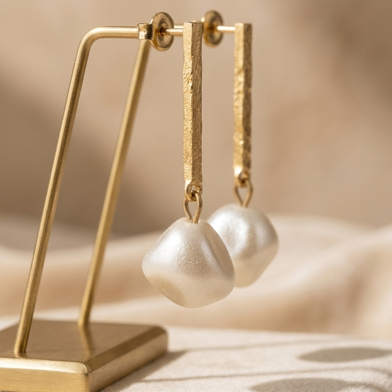 Gold earrings on a stand with a beige background