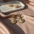Celestial Shell Drop Huggies – 18K Gold Plated Coin Charm Earrings