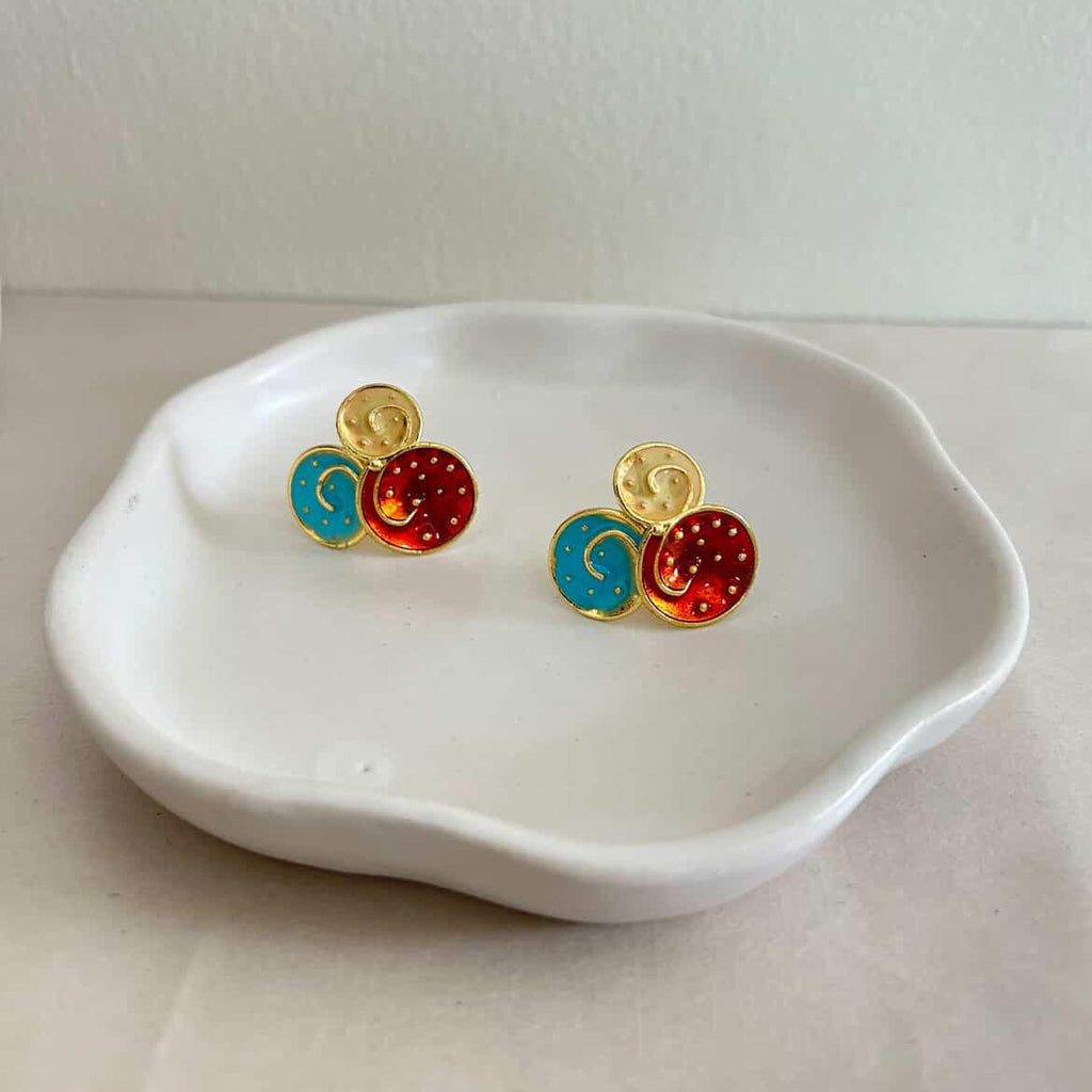 The Solstice Enamel & Brass Studs – Handcrafted Geometric Triple-Disc Earrings