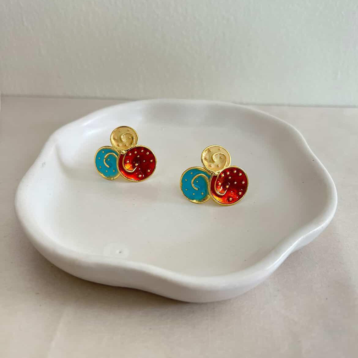 The Solstice Enamel & Brass Studs – Handcrafted Geometric Triple-Disc Earrings